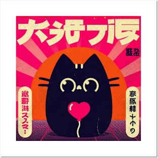 Black Kawaii Cat Red Heart Japanese Retro Posters and Art